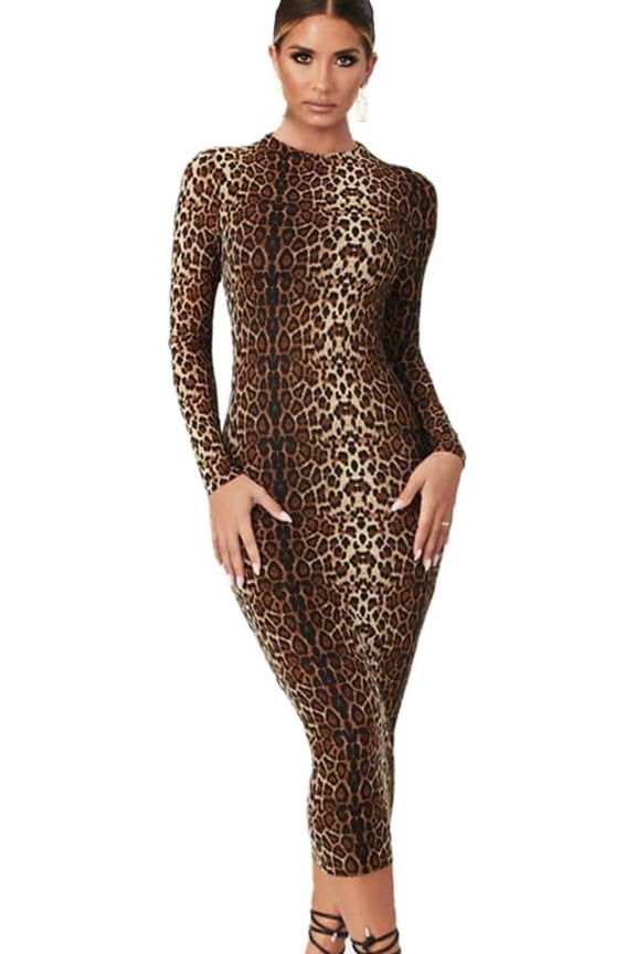 Women's Leopard Print Dress Halloween Animal Body Conscious Long Sleeve Maxi Date Night Outfit for Women Birthday Classy Sexy Party