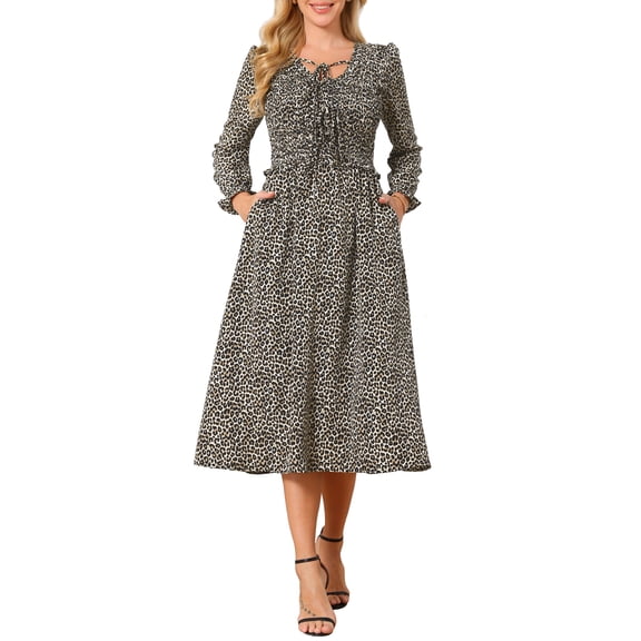 Women's Leopard Print Dress Long Sleeve Ruffle Tie V Neck Smoked Flowy Midi Cheetah Dresses with Pockets S Apricot