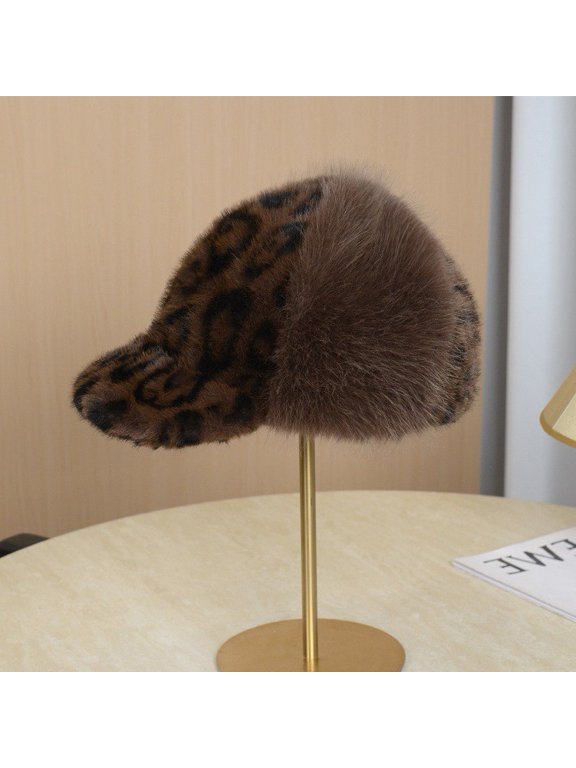 Women's Leopard Print Faux Fur Baseball Cap Wide Brim Warm Winter Hat