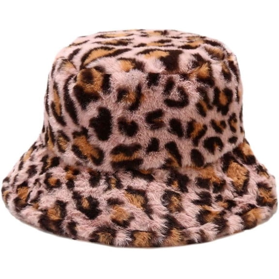 Women's Leopard Print Faux Fur Bucket Hat Fluffy Winter Warmer Plush Fisherman Cap