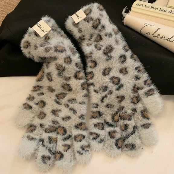 Women's Leopard Print Fingerless Gloves Winter Warm Touchscreen Faux Fur Gloves