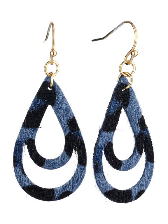 Women's Leopard Print Furry Feel Mini Double Open Teardrop Dangle Pierced Earrings, Blue