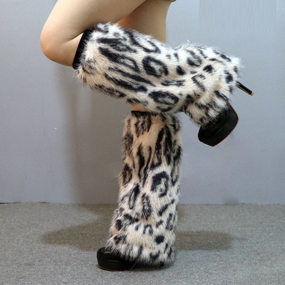 Women's Leopard Print Fuzzy Leg Warmers Punk Long Boot Cuffs Socks