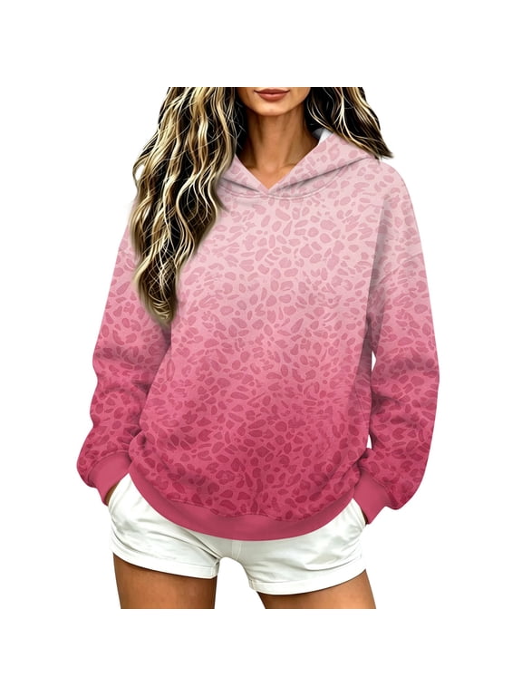 Women's Leopard Print Gradient Hoodie, Long Sleeve Loose Pullover Casual Hooded Sweatshirt Top