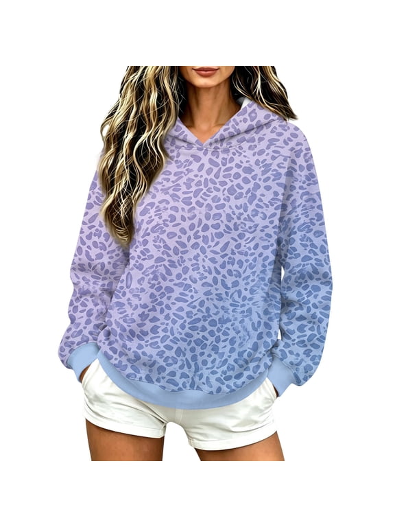 Women's Leopard Print Gradient Hoodie, Long Sleeve Loose Pullover Casual Hooded Sweatshirt Top