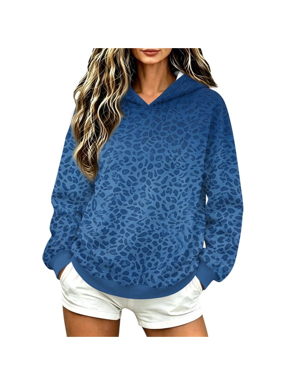 Women's Leopard Print Gradient Hoodie, Long Sleeve Loose Pullover Casual Hooded Sweatshirt Top