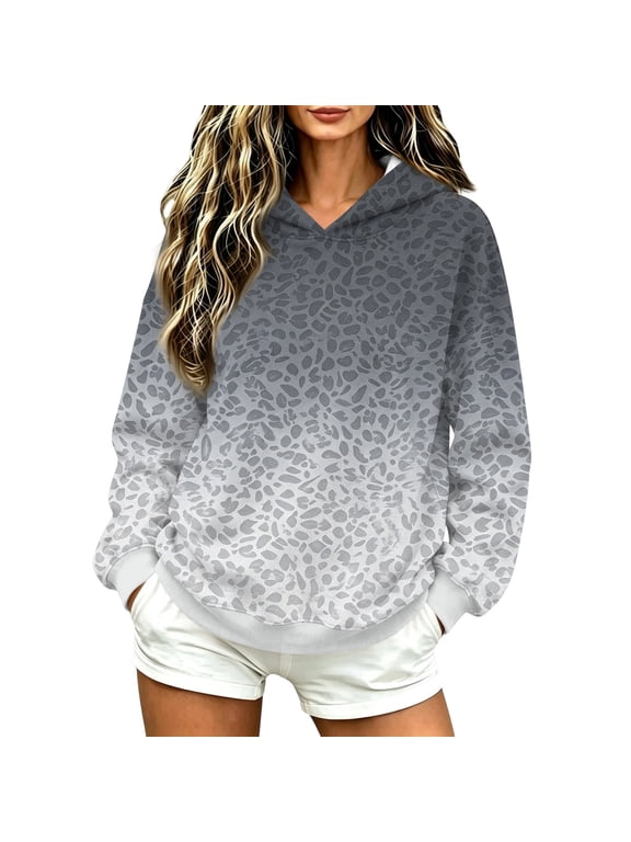 Women's Leopard Print Gradient Hoodie, Long Sleeve Loose Pullover Casual Hooded Sweatshirt Top
