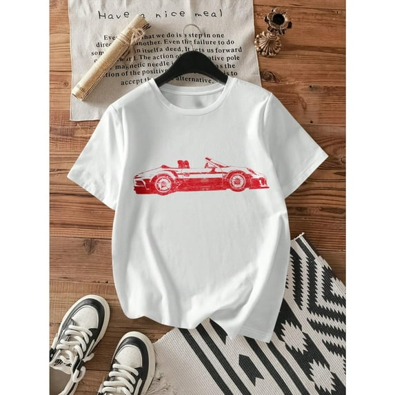 Women's Leopard Print Graphic Tee, Vintage Car Design Fitted T-Shirt, Casual Short Sleeve Tops for Summer，Causal，cotton，white，S-5XL