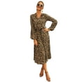 thumbnail image 1 of Women's Leopard Print Half Placket Long Lantern Sleeves Drawstring Tie Waist Midi Dress, Khaki, Large, 1 of 5