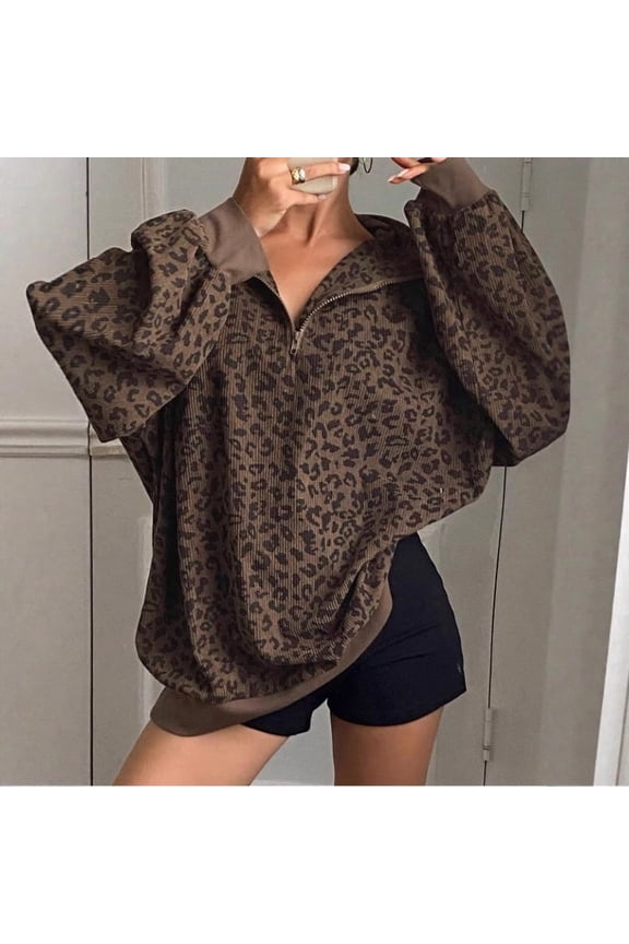 Women's Leopard Print Half Zip Sweatshirt Collared Drop Shoulder Oversized Loose Pullover Tops