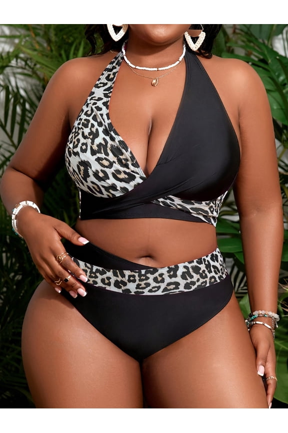 Women's Leopard Print Halter Neck Tie Chest Cross Backless Tie Design Casual Vacation Style Beach Plus Size Bikini Swimsuit Set