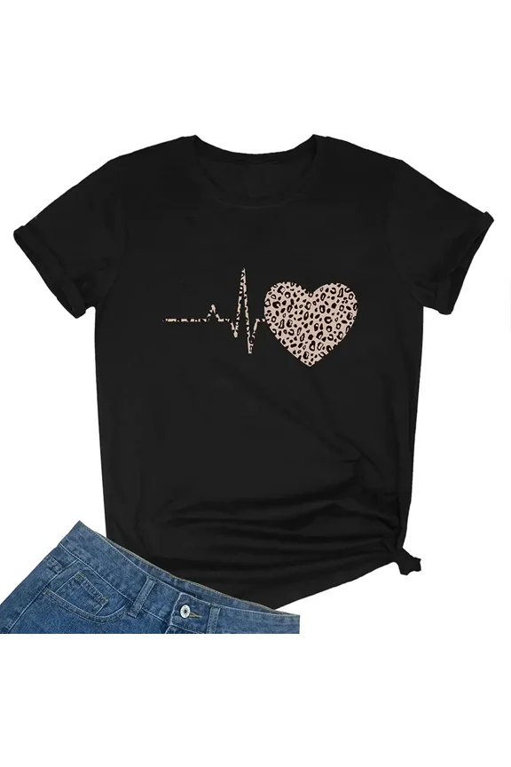 Women's Leopard Print Heartbeat Graphic T-Shirt Casual Short Sleeve Black Tee