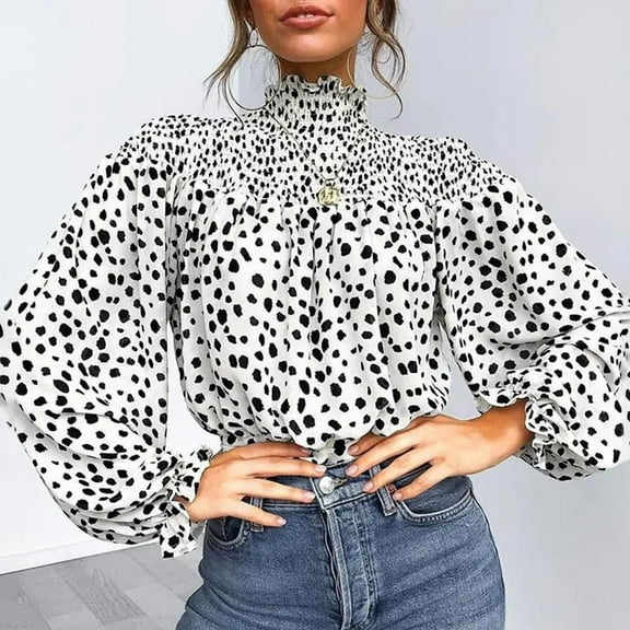 Women‘s Leopard Print High Neck Lantern Long Sleeve Tied Detail Blouse Loose Casual Tops