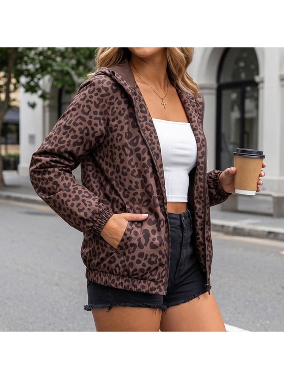 Women's Leopard Print Hooded Jacket Casual Zip Up Lightweight Windbreaker Outerwear Coat with Pockets