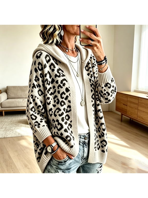 Women's Leopard Print Hooded Knit Cardigan Long Sleeve Open Front Loose Casual Sweater Coat, 2XL