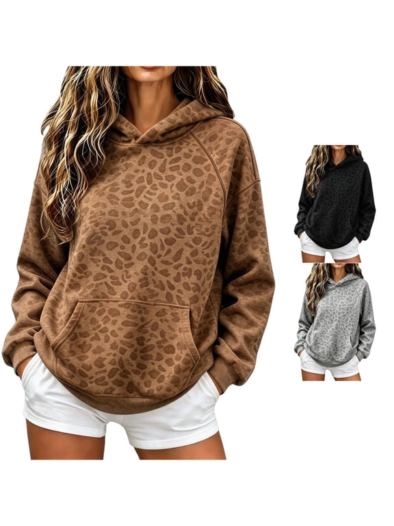 Women's Leopard Print Hoodie Pullover, Fashion Streetwear Casual Loose Fit Sweatshirt