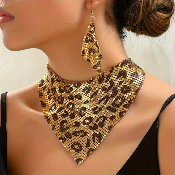 Womens Leopard Print Jewelry Set Statement Necklace & Earrings, Retro Glam Style, Perfect for Parties, Daily Wear, Beach Events & Festivals, Gift Box Included