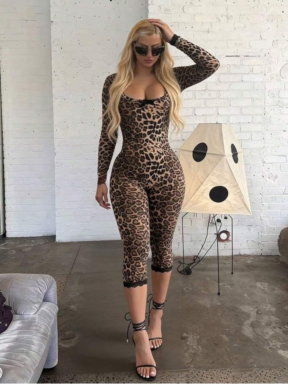 Women's Leopard Print Jumpsuit Long Sleeve Round Neck with Bow Backless Club Party Outfit