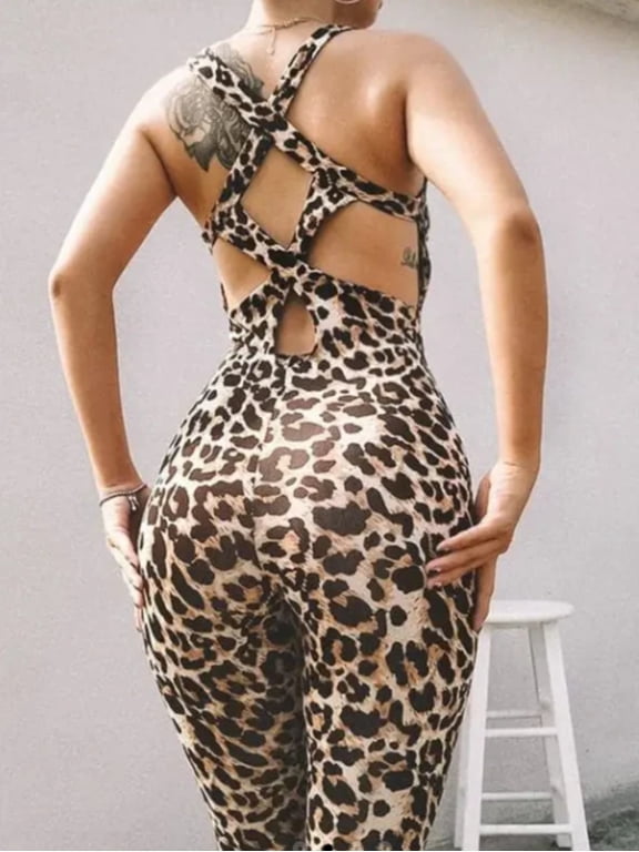 Women's Leopard Print Jumpsuit, Sleeveless Backless One Piece Activewear Outfit for Fitness and Casual Wear