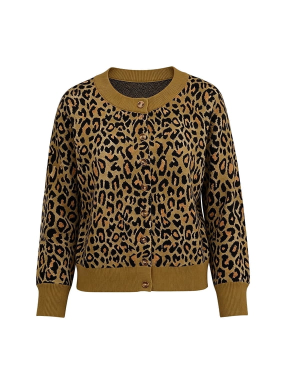 Women's Leopard Print Knit Cardigan Long Sleeve Button Down Crew Neck Cropped Sweater Jacket Casual Outerwear for Fall