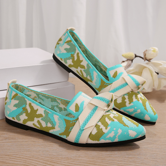 Women’s Leopard Print Knit Loafers, Soft Slip-On Flats with Bow Detail, Lightweight Breathable Casual Shoes for Walking, Stretch Comfort Non-Slip Work Travel Flats