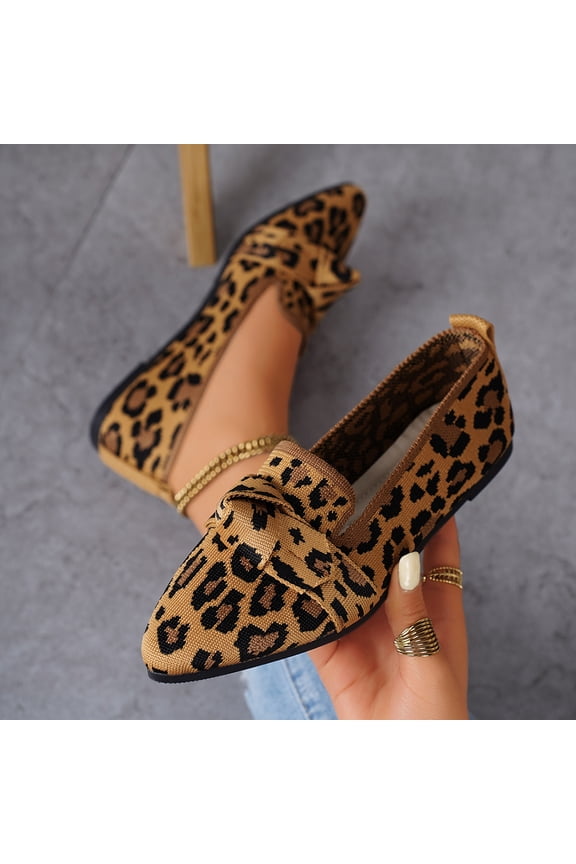Women’s Leopard Print Knit Loafers, Soft Slip-On Flats with Bow Detail, Lightweight Breathable Casual Shoes for Walking, Stretch Comfort Non-Slip Work Travel Flats