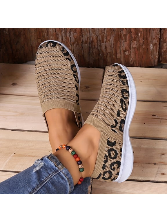Women's Leopard Print Knit Sneakers, Slip On Breathable Flat Stretch Casual Shoes, Lightweight Low-top Comfy Shoes