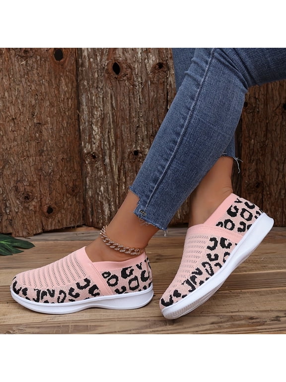 Women's Leopard Print Knit Sneakers, Slip On Breathable Flat Stretch Casual Shoes, Lightweight Low-top Comfy Shoes