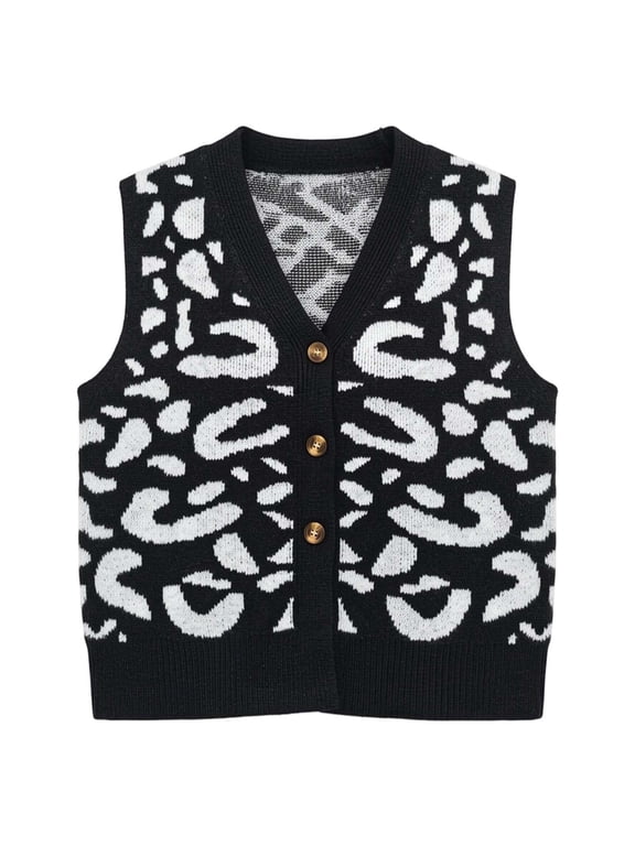 Women's Leopard Print Knit Vest V Neck Button Down Sleeveless Sweater Cardigan Top Casual Fall Daily Wear