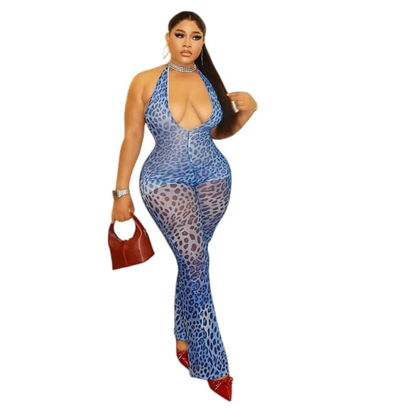 Women’s Leopard Print Lace-Up Halter U-Neck Sleeveless Backless Hips Wrapped Jumpsuits, Slight Perpective, Sexy