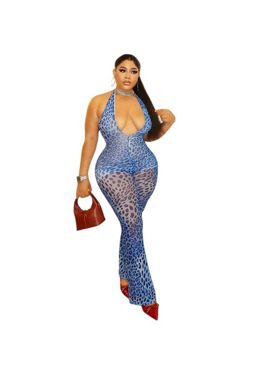 Women’s Leopard Print Lace-Up Halter U-Neck Sleeveless Backless Hips Wrapped Jumpsuits, Slight Perpective, Sexy