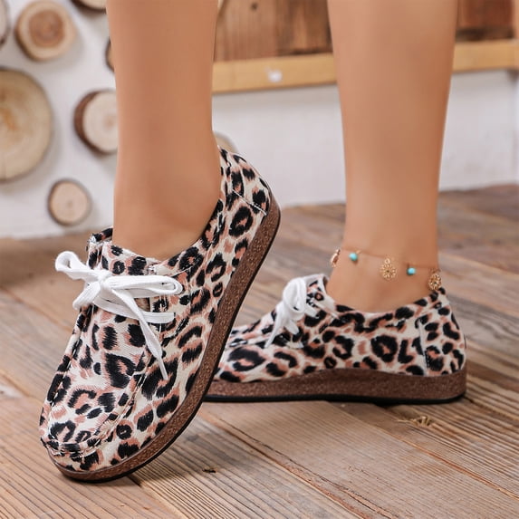Women's Leopard Print Lace‑up Flats, Casual Loafers, Comfort Walking Shoes, Velvet Round Toe Daily Footwear for Ladies