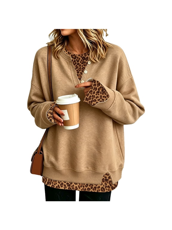 Women's Leopard Print Layered Look Sweatshirt, Henley Neck Long Sleeve Pullover with Contrast Trim