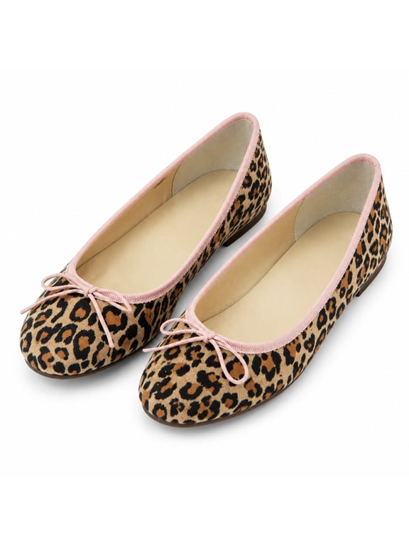 Women's Leopard Print Leather Ballet Flats, Round Toe Bow Slip-On Dress Shoes
