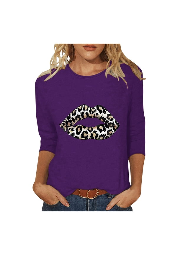 Women's Leopard Print Lip Graphic 3/4 Sleeve T-Shirt Basic Crew Neck Casual Fashion Top