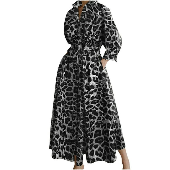Women's Leopard Print Long Dress Lapel V Neck Button Long Sleeve Tunic Dress Plus Size Business Large Swing Dresse (L, Gray)