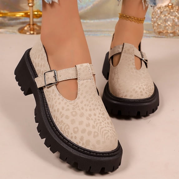 Women's Leopard Print Mary Jane Shoes Chunky Lug Sole Platform Adjustable Buckle Strap Vintage Casual Dress Shoes