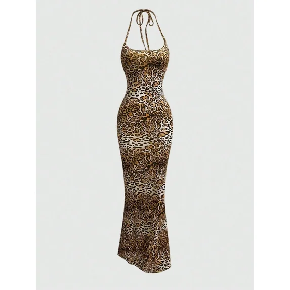 Women's Leopard Print Mermaid Hem Fitted Halter Neck Maxi Dress