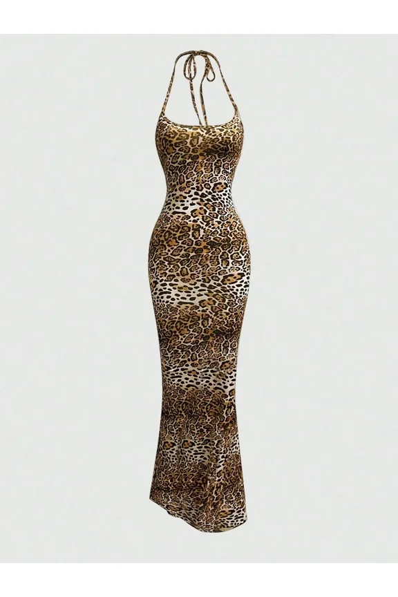 Women's Leopard Print Mermaid Hem Fitted Halter Neck Maxi Dress