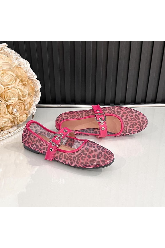 Women's Leopard Print Mesh Mary Jane Flats, Adjustable Buckle Strap Ballerina Shoes, Breathable Square Toe Casual Flat Shoes for Daily Party
