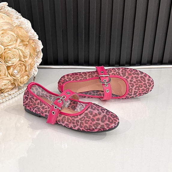 Women's Leopard Print Mesh Mary Jane Flats, Adjustable Buckle Strap Ballerina Shoes, Breathable Square Toe Casual Flat Shoes for Daily Party