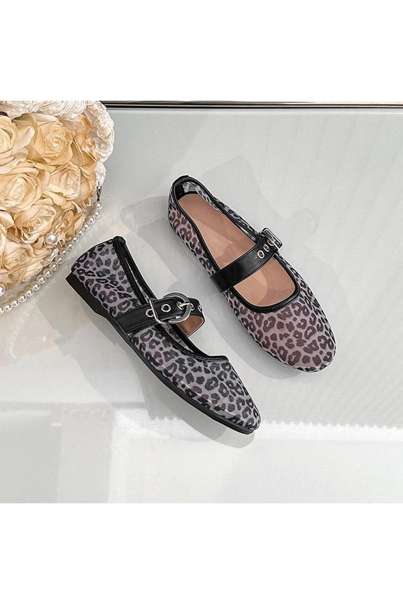 Women's Leopard Print Mesh Mary Jane Flats, Adjustable Buckle Strap Ballerina Shoes, Breathable Square Toe Casual Flat Shoes for Daily Party