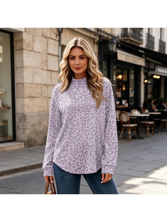 Women's Leopard Print Mock Neck Long Sleeve Top Casual Loose Curved Hem Tunic Pullover Shirts