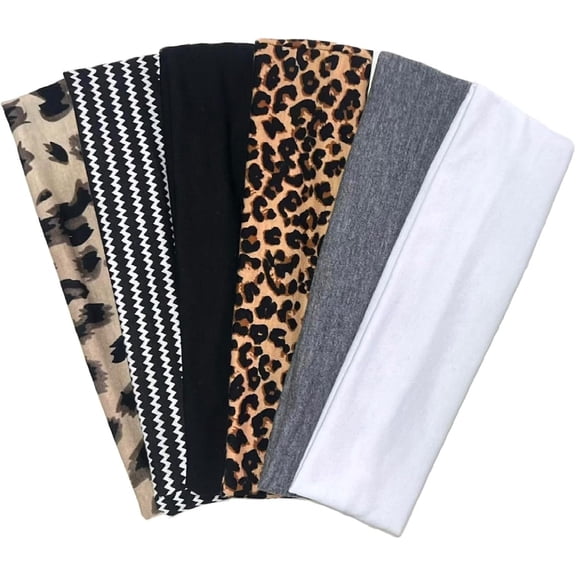 Women’s Leopard Print Non-Slip Elastic Headbands – 6-Pack Wide Boho Knotted Hair Bands, Soft Stretch Cheetah Headbands for Short Hair, Yoga, Sports & Daily Wear