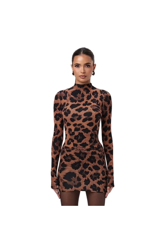 Women's Leopard Print O-Neck Long Sleeve Hips Wrapped Mini Dress, Sexy