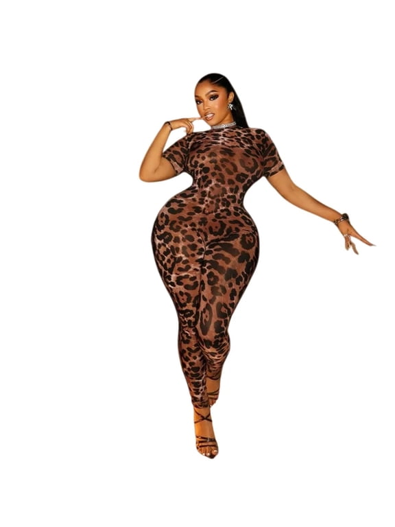 Womens Leopard Print O-Neck Short Sleeve Backless Jumpsuits, Sexy