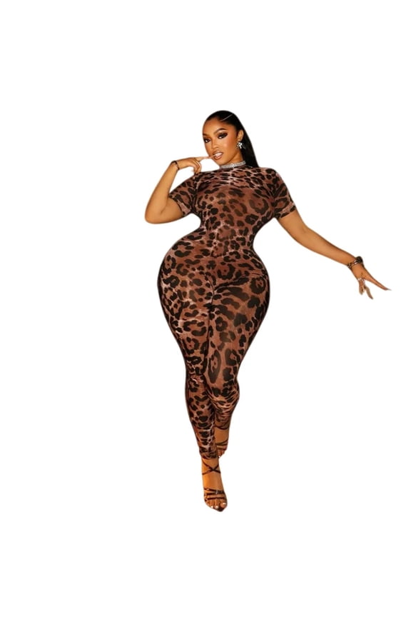 Women’s Leopard Print O-Neck Short Sleeve Backless Jumpsuits, Sexy