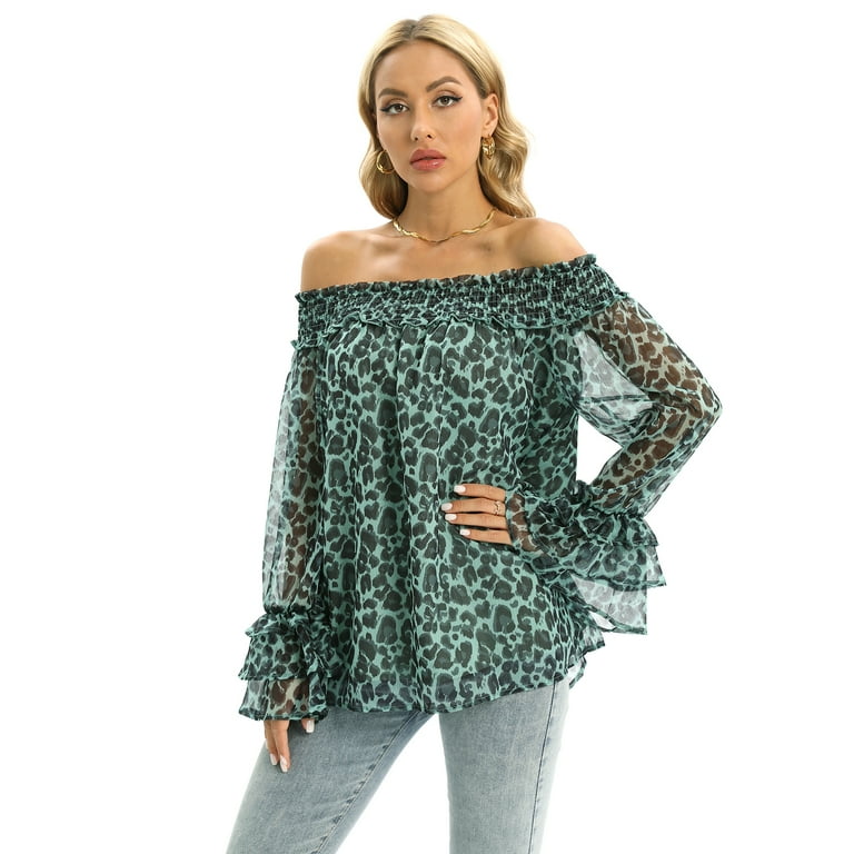 Leopard print off the shoulder ruffle blouse new arrivals
