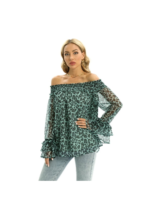 Women's Leopard Print Off Shoulder Chiffon Tops Sheer Long Sleeve Casual Blouse Shirts Loose Fit Flowy Tops, S-2XL