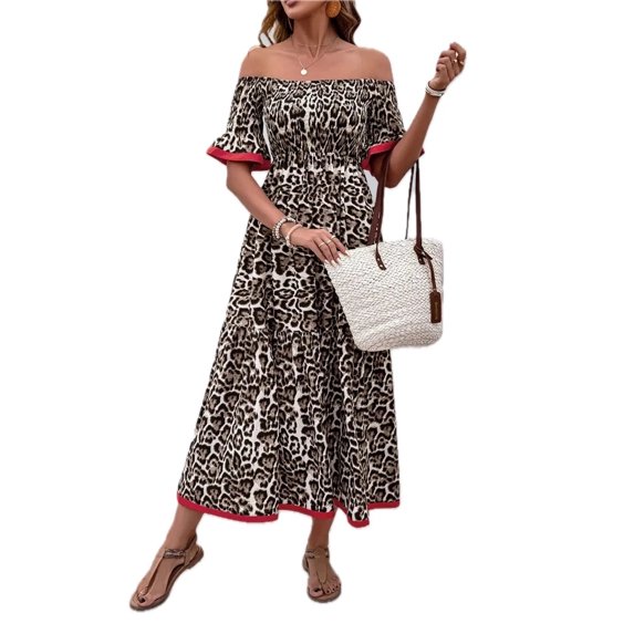 Women's Leopard Print Off Shoulder Flounce Sleeve Midi Dress 100% Polyester Ruched Smocked Bodice Elegance Evening Wear